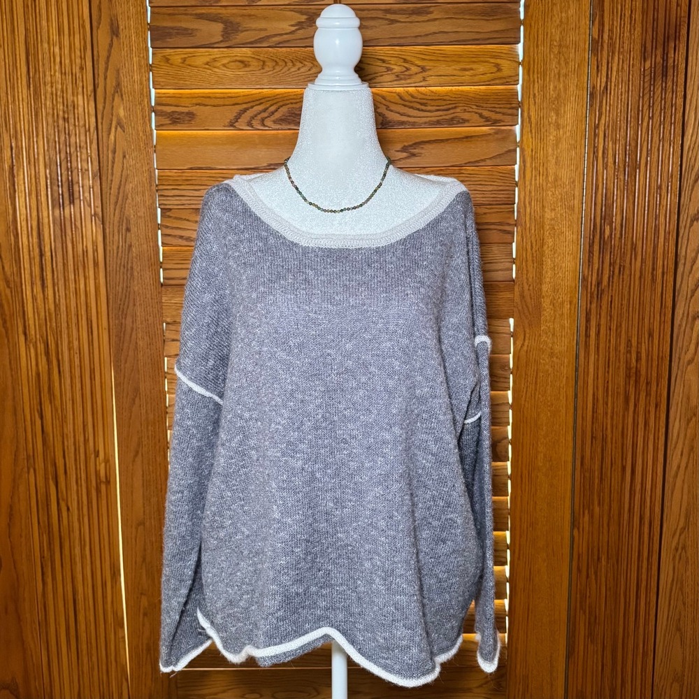 Miracle USA Women Gray Cotton Linen Knit Oversized Boatneck Sweater S/M